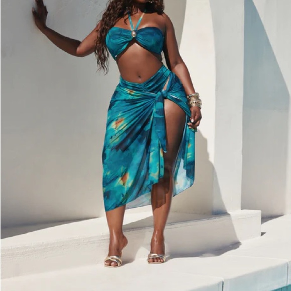 Fashion Nova Teal Tropical Tie-Front Swim 3 Piece Set